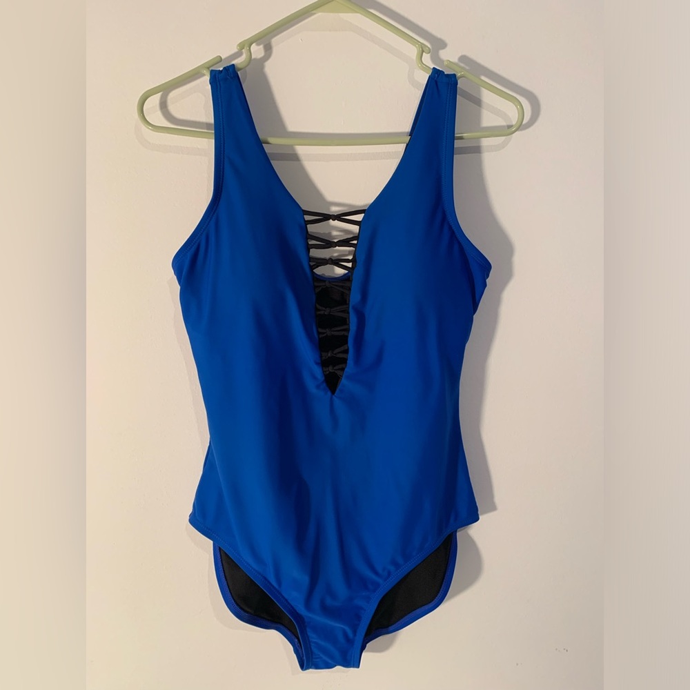 Cover Girl Size 14 Royal Blue One Piece Swim Suit Crisscrossed Black Open Front